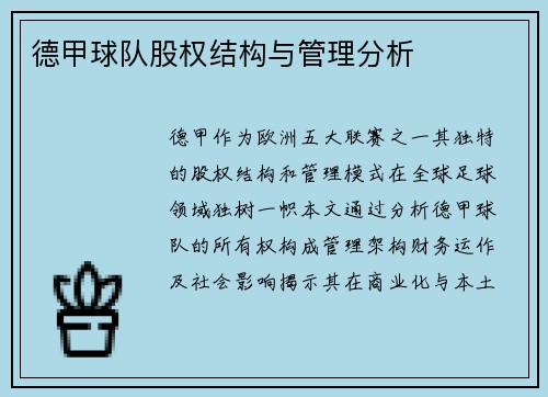 德甲球队股权结构与管理分析